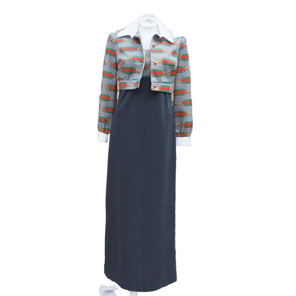 70s Jerell of Texas Black White Polka Dot Houndstooth Designer Bit Print Maxi - Picture 3 of 10